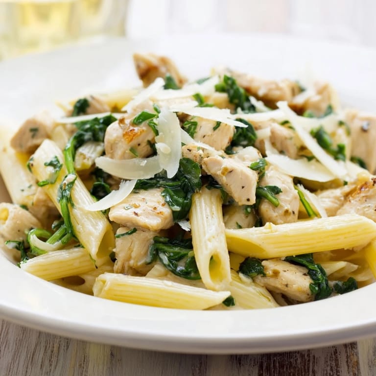 Delicious one-pot spinach and chicken pasta, a quick and easy weeknight dinner suggestion.
