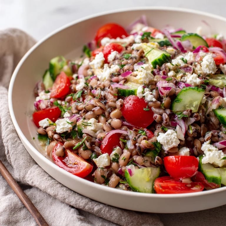 A refreshing bowl of Dense Bean Salad with colorful vegetables, ready to be enjoyed with a calming Sleepy Girl Mocktail.