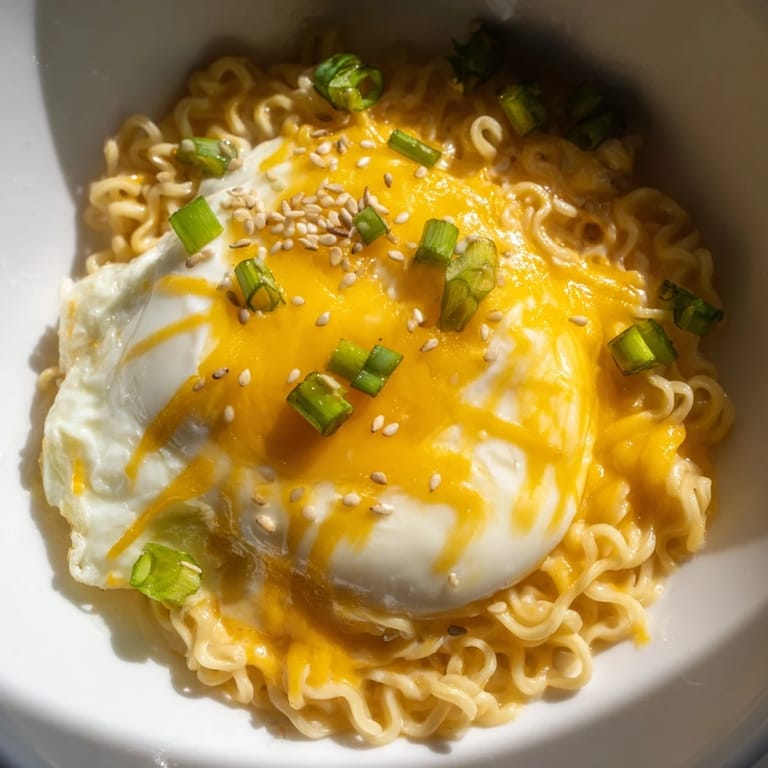 Creamy and flavorful, this Instant Cheese Ramen is garnished with sesame seeds and cooked perfectly.