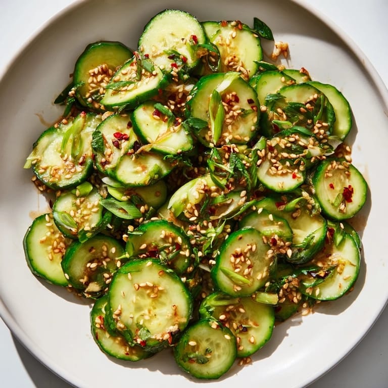 Freshly prepared Tangy Shaken Asian-Style Cucumber Salad, showcasing the bright colors and textures of the ingredients.