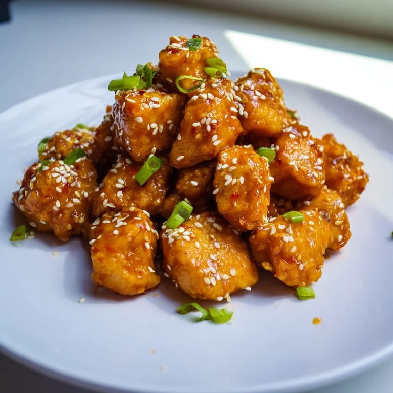 Close-up of vibrant, sticky Honey-Sriracha Chicken Bites, garnished with fresh chives, a great appetizer.