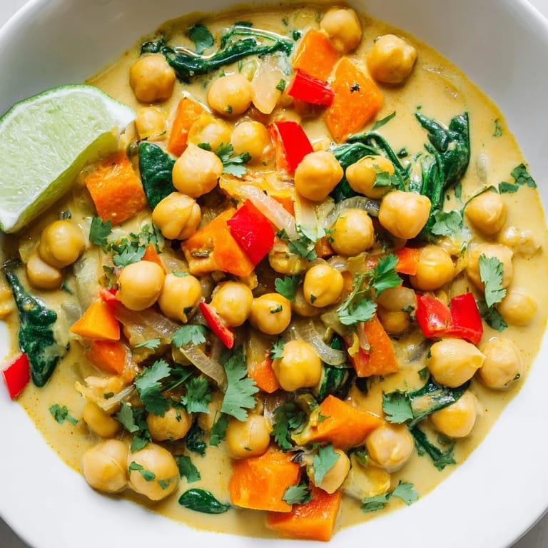 A creamy, one-pot Chickpea Curry, simmered with aromatic spices and served over fluffy rice.
