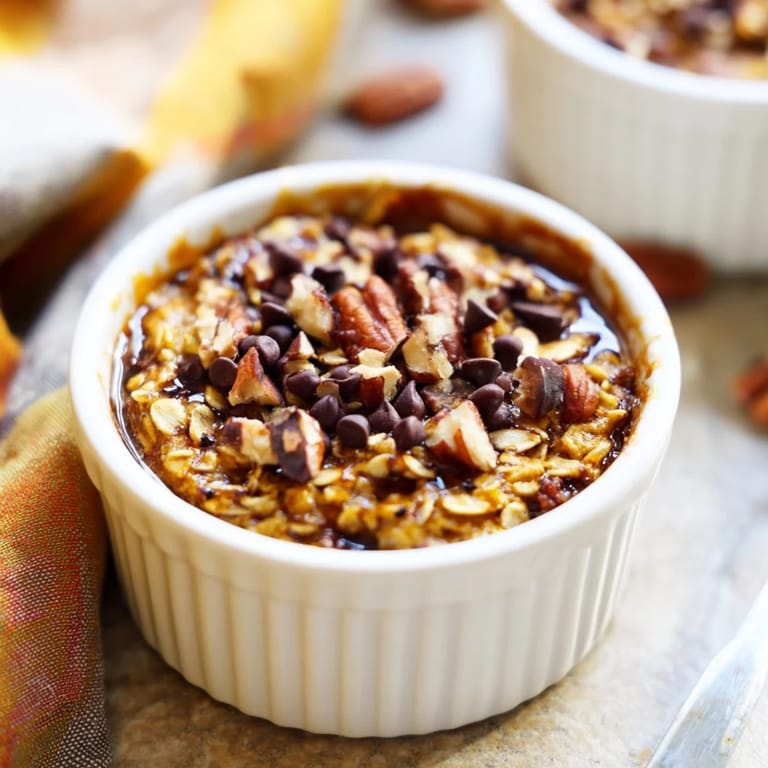 Steaming bowl of pumpkin spice baked oats, perfect for a cozy fall morning treat.
