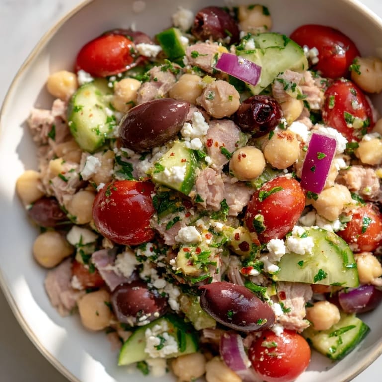 A close-up view reveals this delicious Tuna Chickpea Salad ready to be savored.