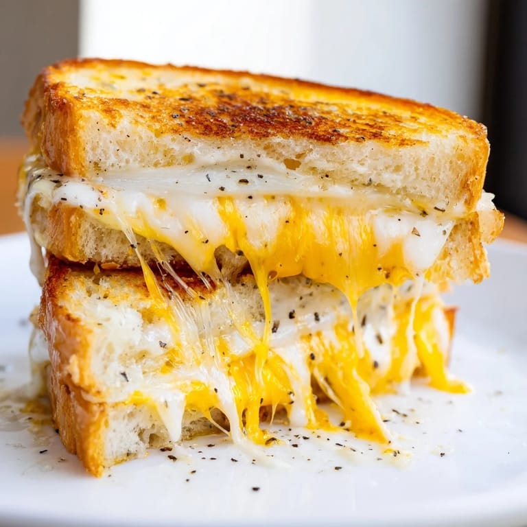 A close-up of buttery, crispy truffle oil grilled cheese slices, an irresistible American favorite.