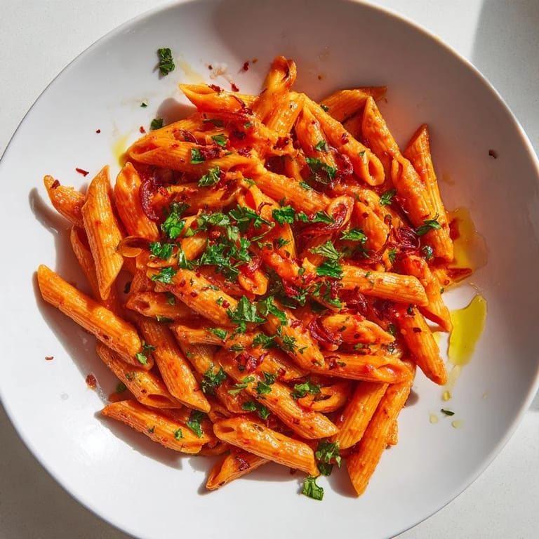 A close-up of penne all'arrabbiata, showcasing the rich red sauce and perfectly cooked pasta.