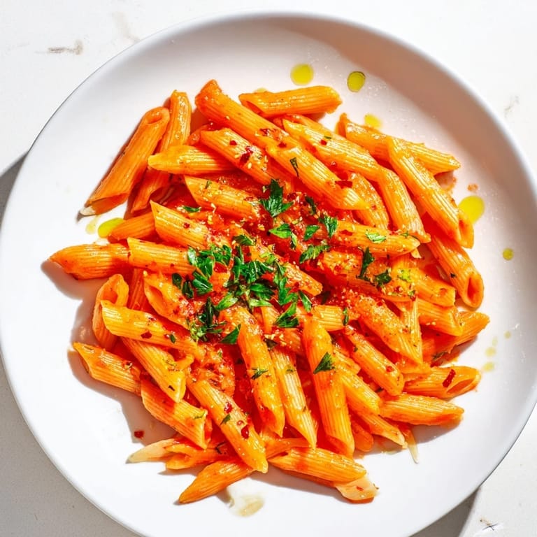 Flavorful penne all'arrabbiata; a classic Italian meal with garlic, chili flakes, and simmering tomatoes.