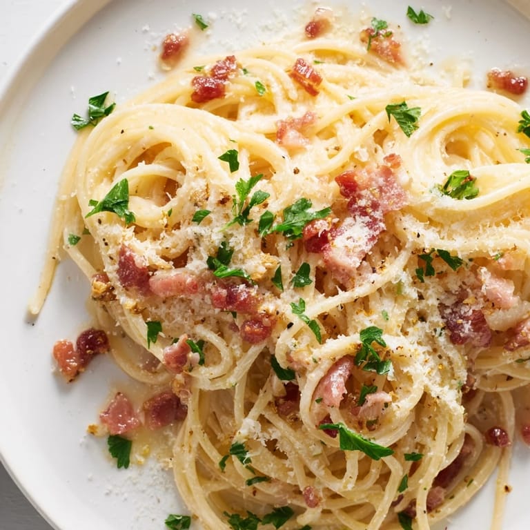 Enjoy a forkful of this delicious creamy garlic bacon pasta, ready for an Italian-inspired meal.