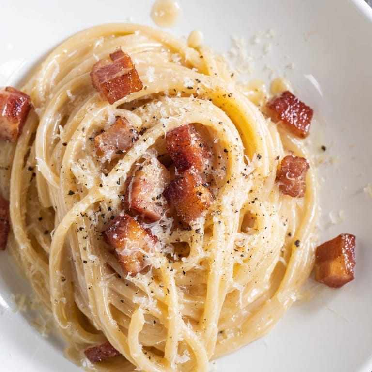 Freshly cooked Express Spaghetti Carbonara, tossed with a rich egg and cheese sauce, ready to serve with extra cheese.