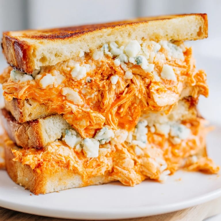 Perfectly grilled Buffalo Chicken Grilled Cheese: oozing melted cheese and spicy chicken filling.