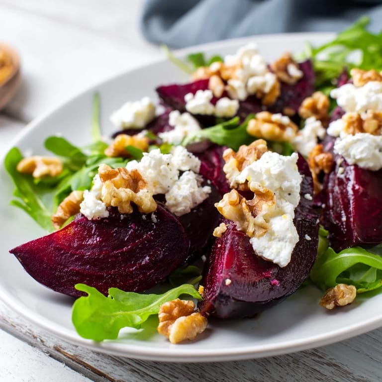Beautifully plated Beet and Goat Cheese Salad, garnished with walnuts, promising a burst of delicious flavors.