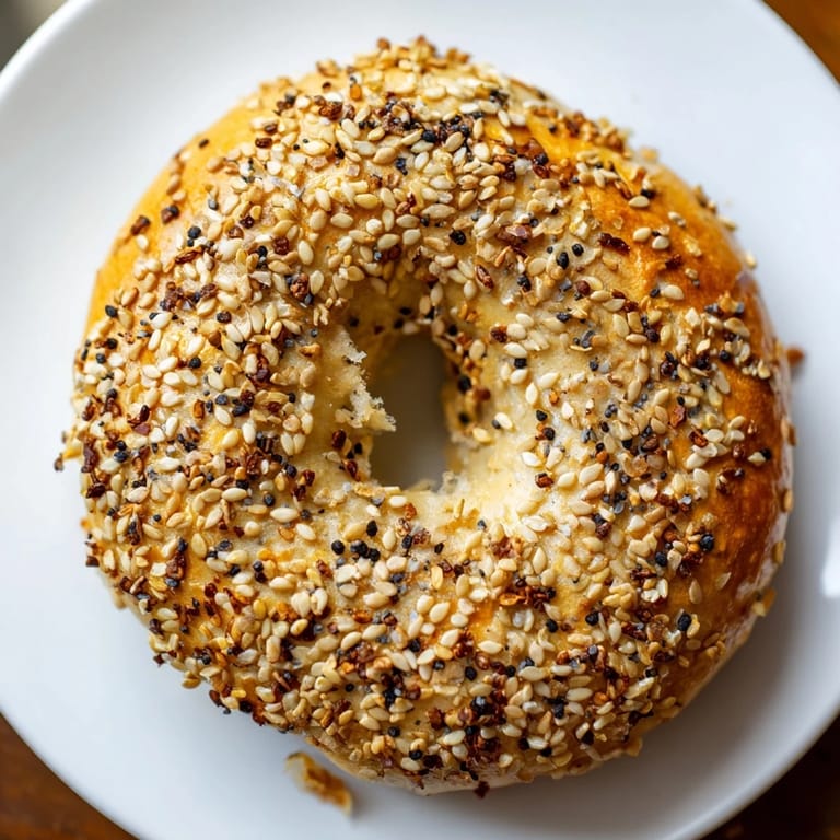 Warm, homemade Everything Bagel Yogurt Bagels with a generous coating of everything bagel seasoning, waiting to be enjoyed.