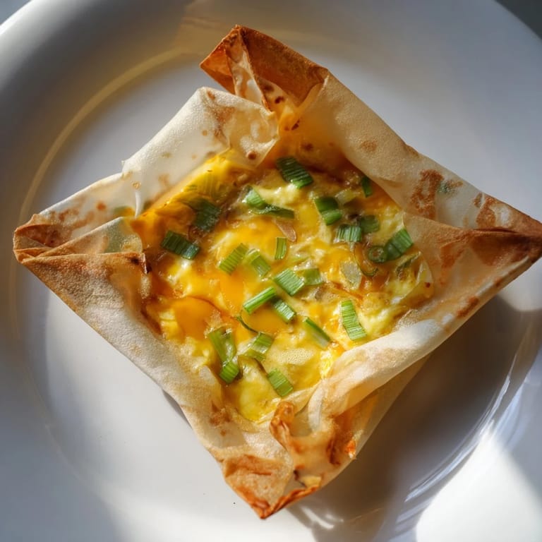 Crispy edges of Rice Paper Egg & Cheese Fold, filled with fluffy egg and scallions, served hot.