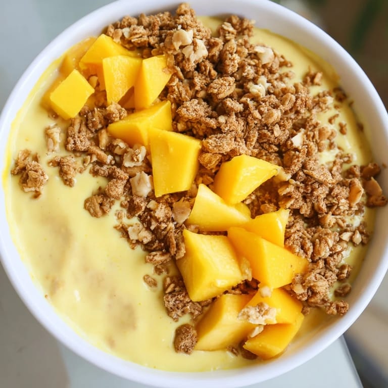 Sweet, vibrant mango blended overnight oats, ready to eat, are served in glass jars with fresh mango.