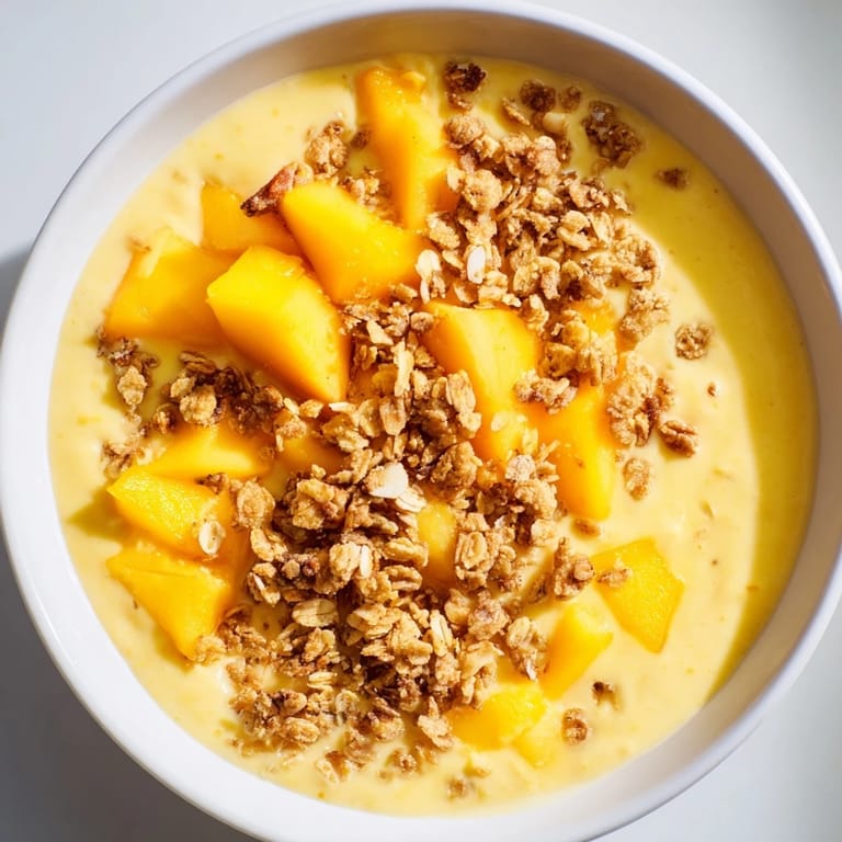 A close-up of delicious mango blended overnight oats, layered with creamy oats and a crunchy granola topping.