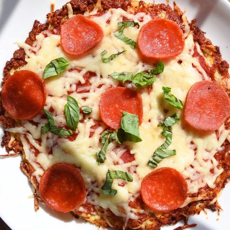 A delicious, low-carb ground beef pizza base features a bubbly cheese topping and hearty pepperoni slices.