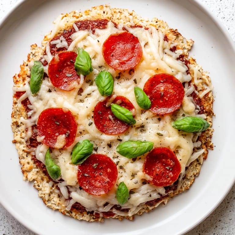 Homemade ground beef pizza base: a flavorful gluten-free pizza, ready to serve with fresh basil.