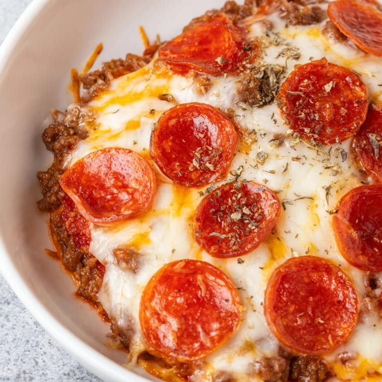 A close-up reveals a savory, crustless Meat Pizza Pepperoni Stack with melted cheese and flavorful toppings.