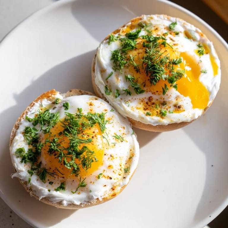 Golden, runny-yolked Çılbır Eggs Benedict drizzled with flavorful butter and fresh herbs for brunch.