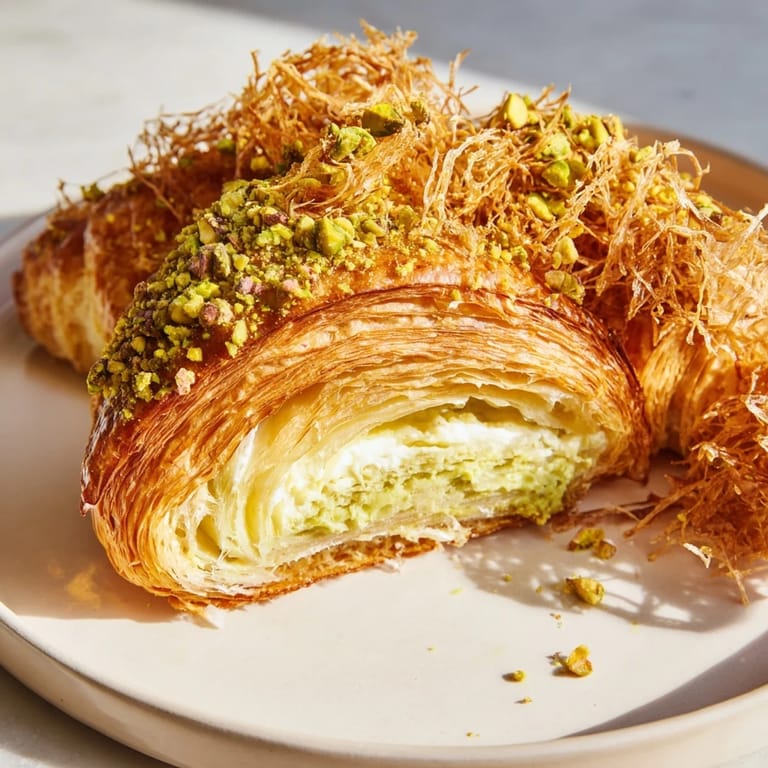 Buttery Pistachio Cream Croissants, freshly baked with a crunchy phyllo crust and vibrant pistachio garnish.