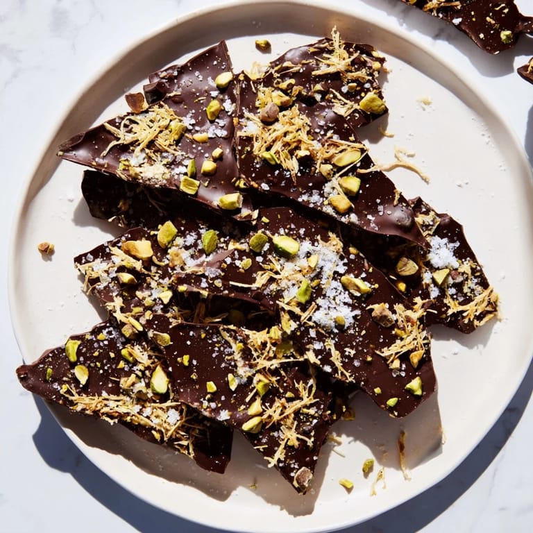 This stunning picture shows irresistible Kataifi Chocolate Crunch Bark, perfect dessert to share.
