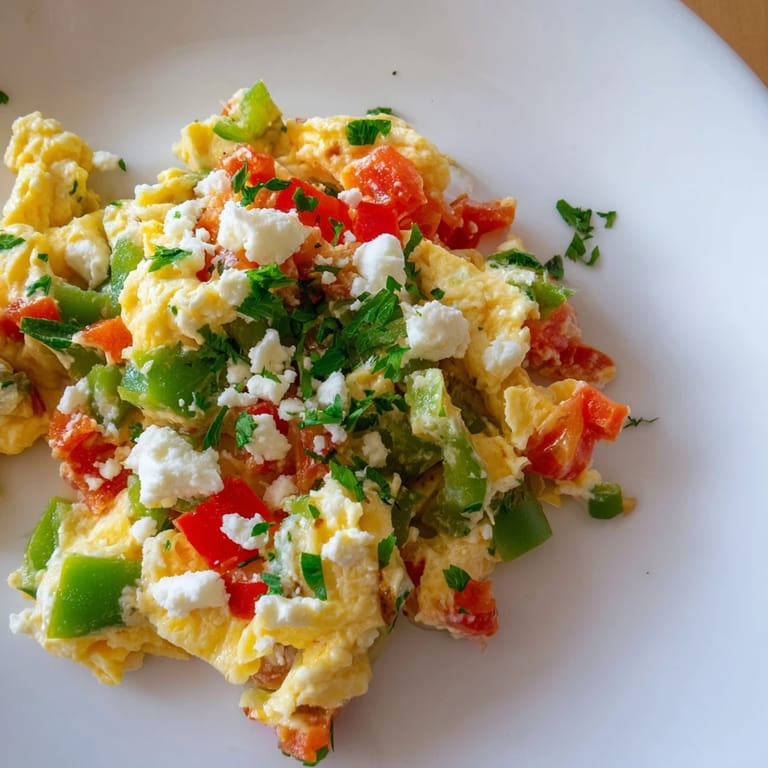 Freshly cooked Turkish menemen, ready to serve, a vibrant scramble with onions and peppers.
