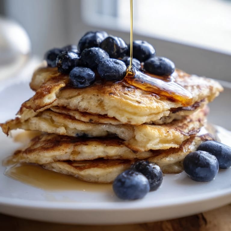 A stack of protein-packed cottage cheese pancakes next to a bowl of yogurt and berries, perfect for a post-workout meal.  