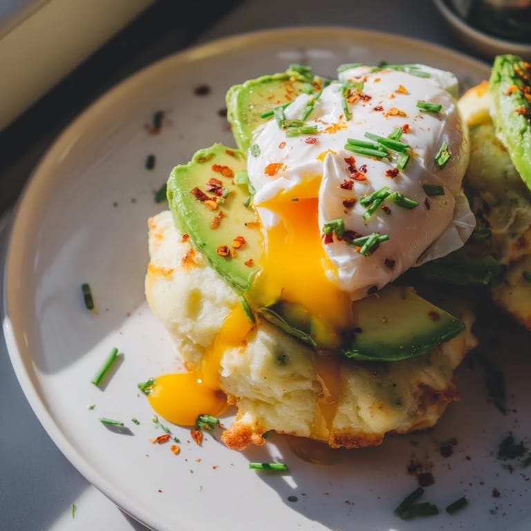 A close-up view of fluffy Cloud Bread Breakfast Clouds with runny poached egg yolks and fresh avocado for a gluten-free meal.