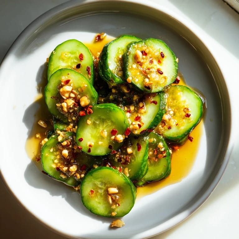 Fresh cucumber slices tossed with minced garlic and sesame seeds, ready to serve as a crunchy vegan side dish.  