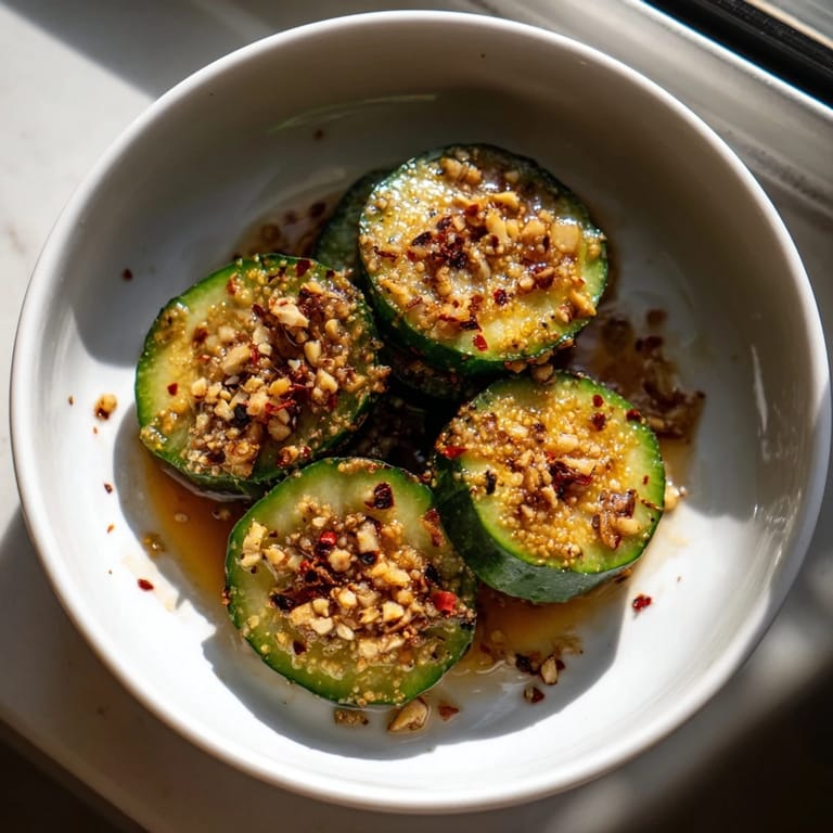 Vibrant green cucumbers coated in a savory Asian-inspired dressing, garnished with green onions for a refreshing appetizer.