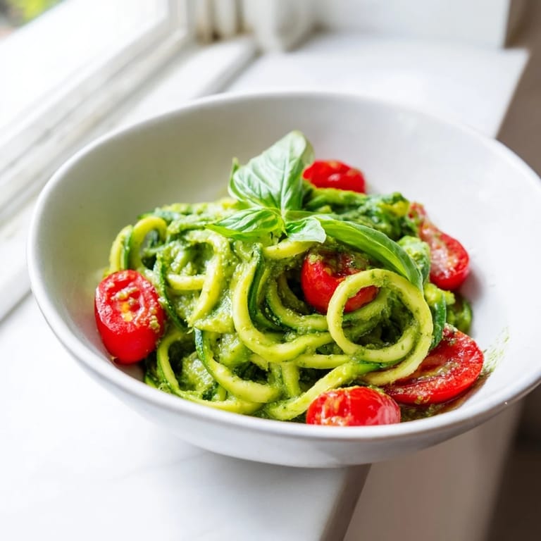 Fresh zucchini noodles tossed with creamy avocado pesto and juicy tomatoes, ready to serve.  