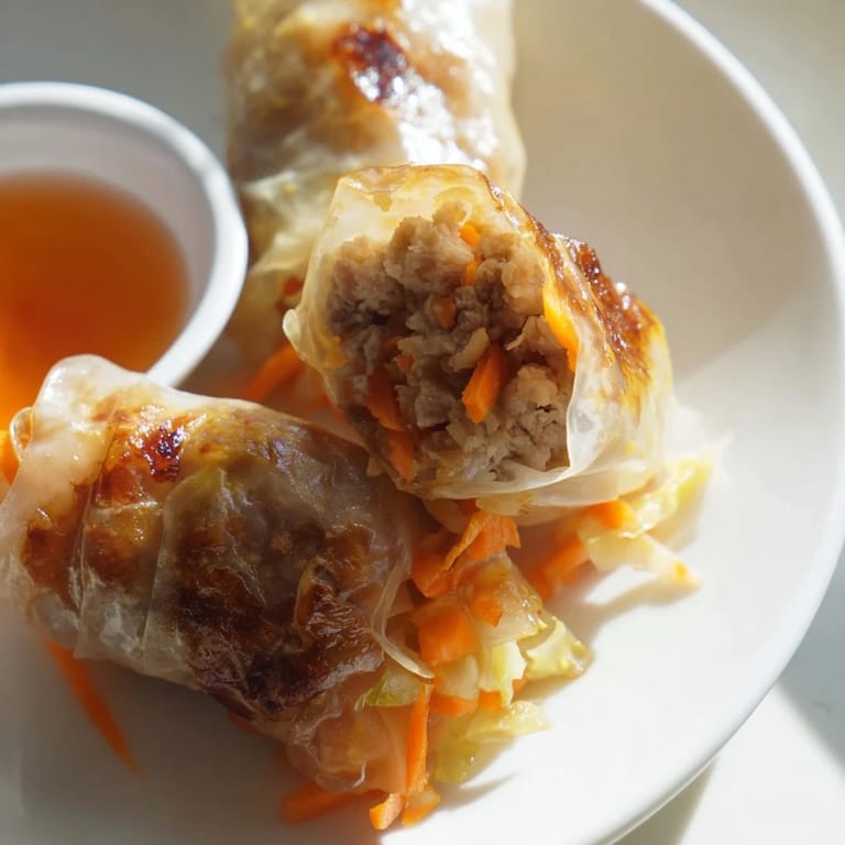 Stack of Crispy Rice Paper Dumplings with fresh herbs and chili dipping sauce.