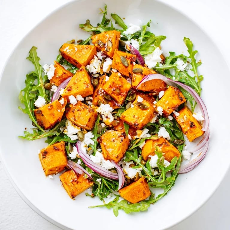 Roasted Sweet Potato Salad in a rustic bowl featuring caramelized sweet potatoes, red onion, and pumpkin seeds, ready for a healthy lunch.
