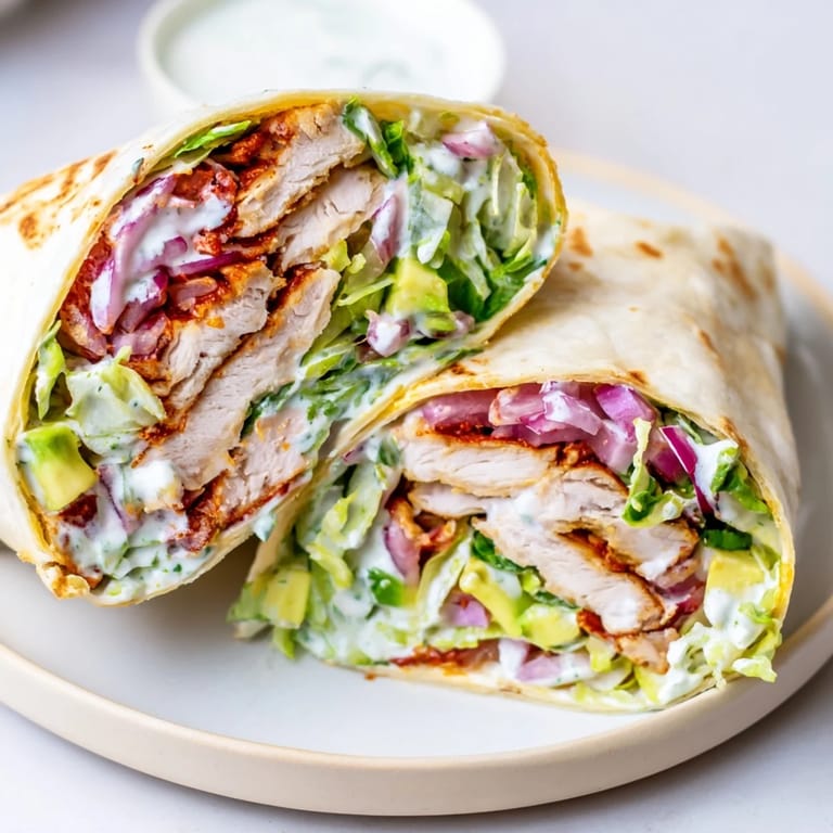 Overhead view of a fully assembled Smoky Chipotle Chicken Wrap with shredded lettuce, diced tomatoes, and red onion, showcasing the golden-brown tortilla and colorful filling.