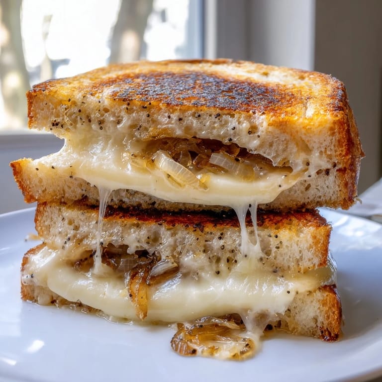Melty, sharp white cheddar oozes from crispy golden-brown bread layered with deeply caramelized onions in this classic Caramelized Onion Grilled Cheese.