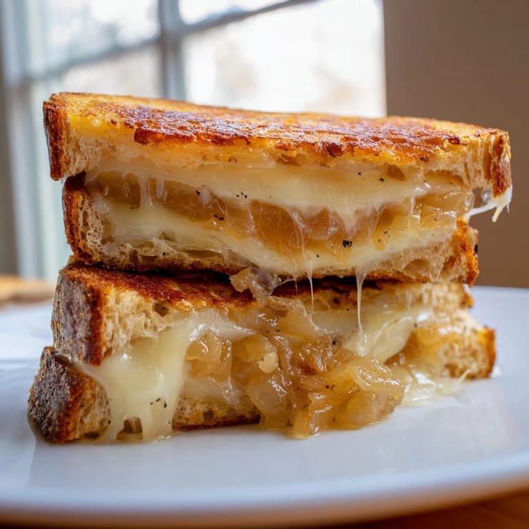 A rustic Caramelized Onion Grilled Cheese sandwich served hot, with perfectly melted cheese and sweet onions between buttery, toasted sourdough bread.