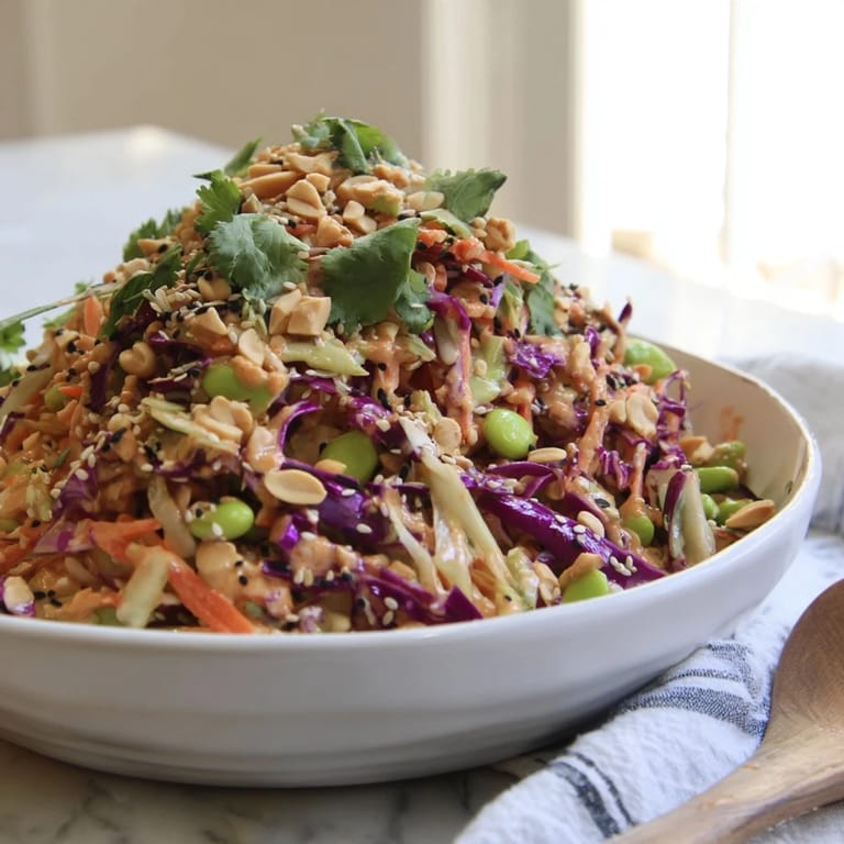 Serving suggestion for Crunchy Thai Peanut Salad topped with chopped peanuts and fresh cilantro on a rustic plate.  