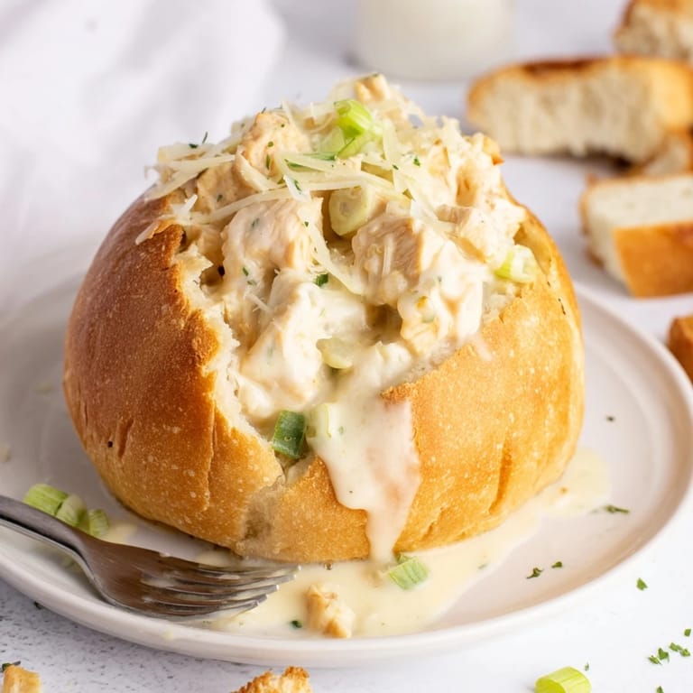 Hearty Chicken Alfredo Bread Bowl served warm, with rich sauce and tender chicken inside a crispy crust.  