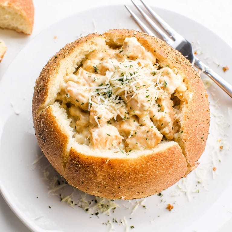 Savory Chicken Alfredo Bread Bowl, freshly baked and bubbling with creamy sauce, perfect for a cozy dinner.