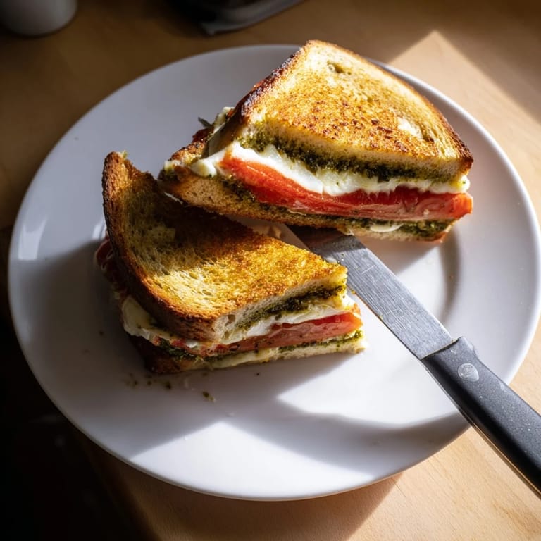Caprese Pesto Grilled Cheese being lifted from a cast iron skillet, showing gooey melted cheese and bright pesto spread.
