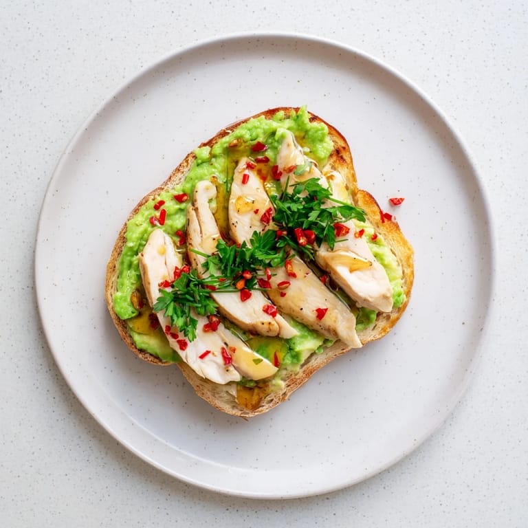 A close-up shows hand-mashing ripe avocado with lemon juice onto rustic bread, adding smoky paprika-seasoned grilled chicken slices for a savory-sweet bite.