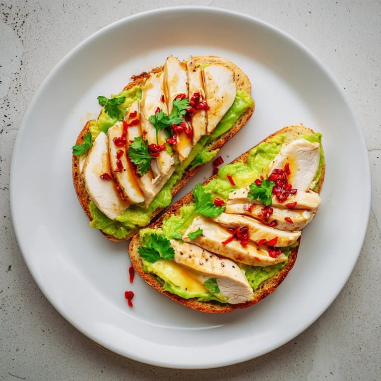 Freshly grilled chicken pieces layered on crusty multigrain toast, spread with zesty avocado mash and sprinkled with cilantro and spicy chili flakes.