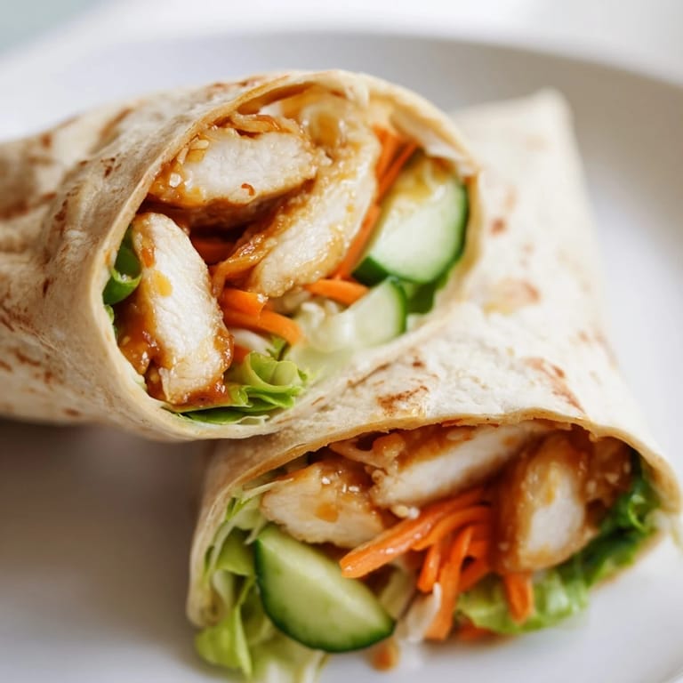 Halved Honey Chili Crunch Chicken Wrap revealing layered ingredients and a drizzle of honey chili glaze.