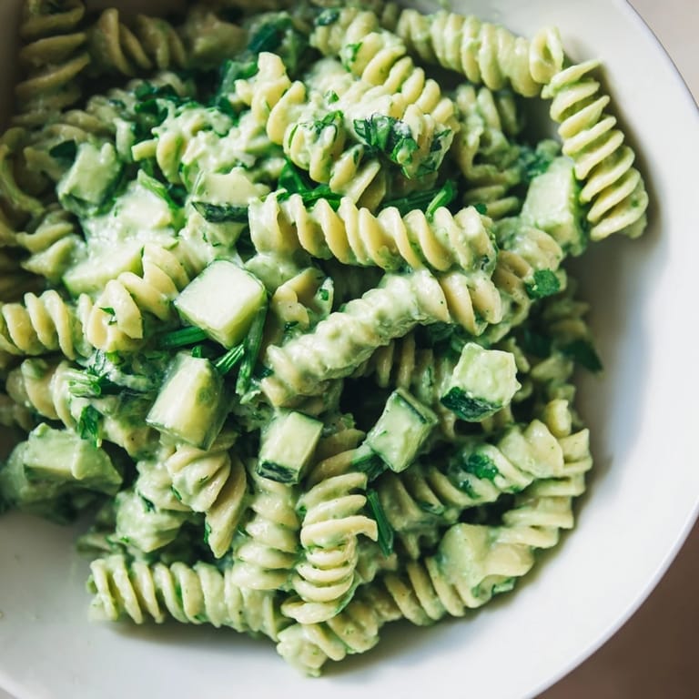Close-up of Green Goddess Pasta Salad, highlighting bright green herbs like parsley, basil, and chives mixed into the chilled, refreshing dish.