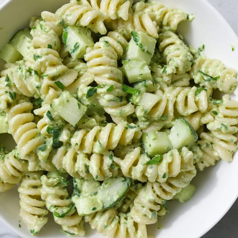 A refreshing bowl of Green Goddess Pasta Salad, perfect for a light lunch, featuring pasta and spinach coated in a creamy green dressing.