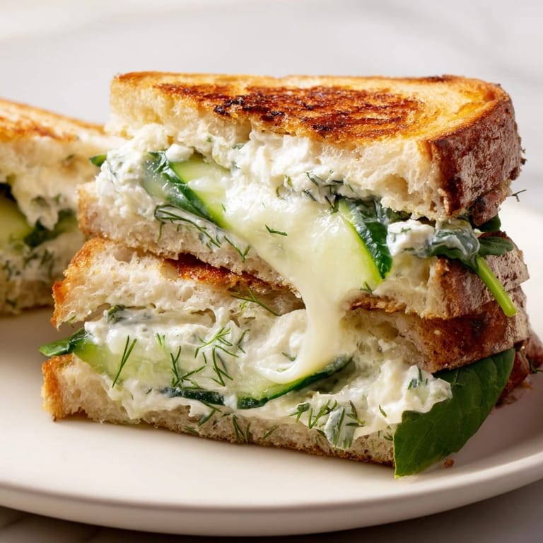 The toasted Whipped Feta Spring Grilled Cheese is served alongside fresh spinach and cucumber slices.  