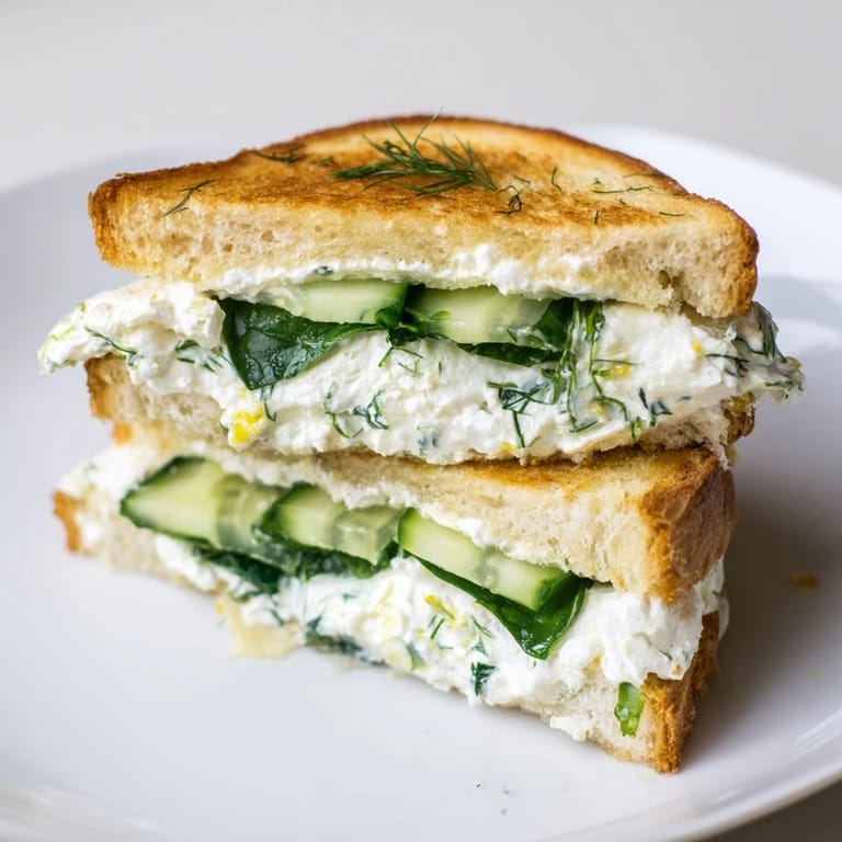 A close-up of Whipped Feta Spring Grilled Cheese showing crispy sourdough and tangy whipped feta spread.