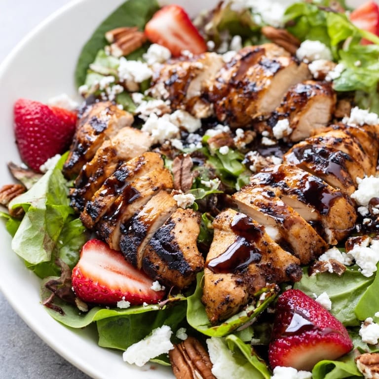 Close-up of a fork-ready Strawberry Balsamic Chicken Salad showing juicy chicken, fresh strawberries, and greens.