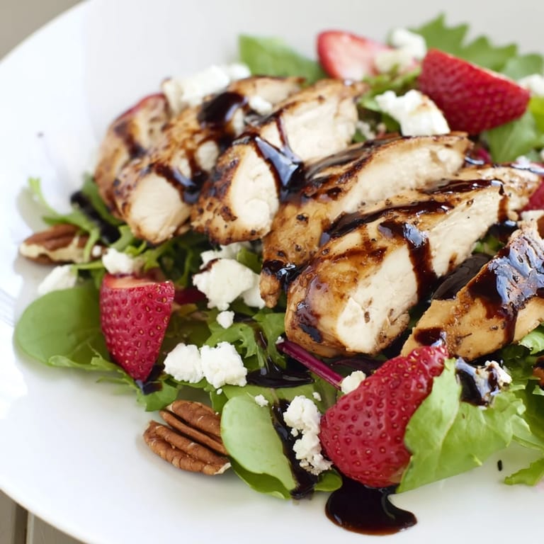 A platter of Strawberry Balsamic Chicken Salad dressed in glossy glaze, pecans, and red onion slices.