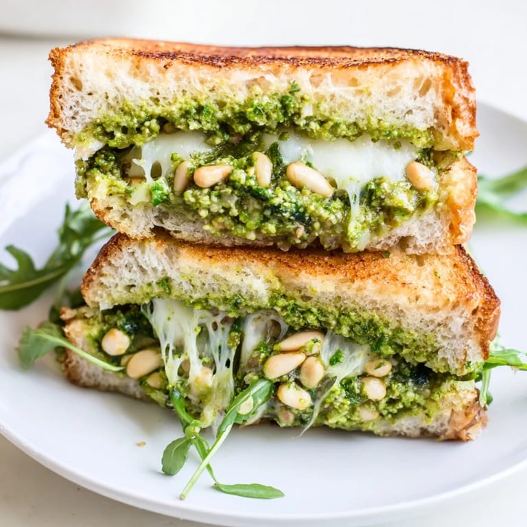 Melted mozzarella and bright green spring pea pesto spill from a toasted sourdough sandwich, served warm for a comforting lunch.